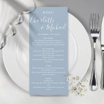 Menu Elegant Dusty Blue Signature Wedding<br><div class="desc">Deze moderne menukaart is voorzien van een stoffige blauwe kaart voor de ondertekening van een bruiloft met de namen van de tekenstijl en kan worden gepersonaliseerd met uw informatie in het witte hoofdletterschrift. Ontworpen door: Thisnotme©</div>