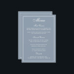 Menu Elegant Dusty Blue White Script Wedding<br><div class="desc">Een elegante manier om uw gasten te shows hun menuopties. In stoffig blauw met wit schrijven. Een elegante doopvont van de manuscriptbruiloft is gecombineerd met een moderne stijl alle doopvont die van petten tot een stijlvol,  maar gebruikersvriendelijk trouwmenu leidt. De ruime ruimte is toegewezen voor uw menuopties.</div>