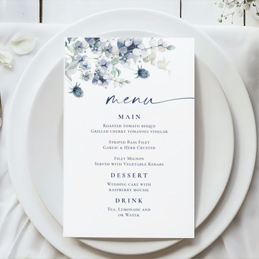 Menu Elegant Dusty Blue Winter Foliage Wedding