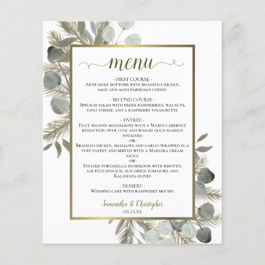 Menu Elegant Eucalyptus & Pine Budget Weddenschap (Voorkant)