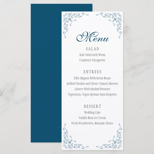 Menu Elegant Flourish Ocean Blue Wedding (Voorkant / Achterkant)