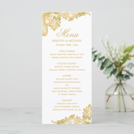 Menu Elegant Gold Lace Pattern Wedding (Staand voorkant)