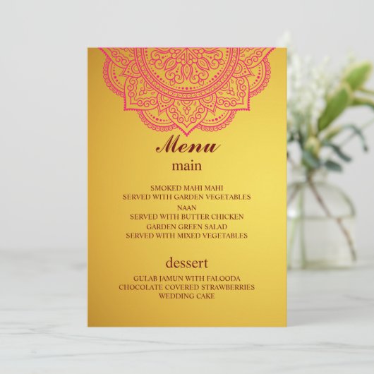 menu Elegant Gold Pink Indian Hindu Wedding Kaart (Staand voorkant)
