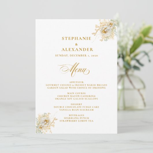 Menu Elegant Gold Script Floral Wedding (Staand voorkant)