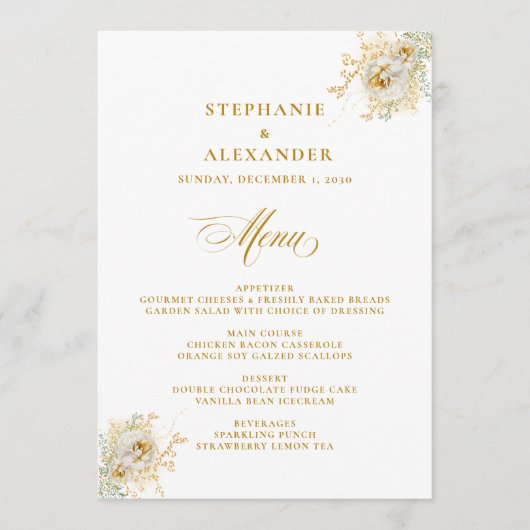 Menu Elegant Gold Script Floral Wedding (Voorkant)