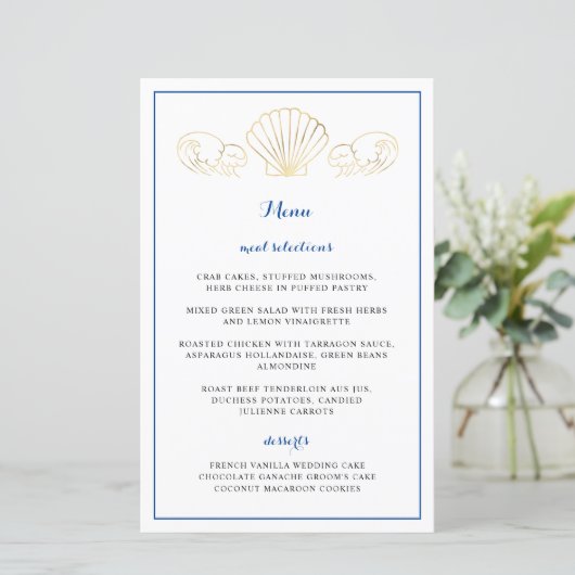 Menu Elegant Gold Seashell Waves Weduwen Reception (Staand voorkant)
