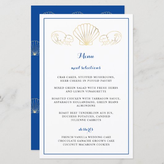 Menu Elegant Gold Seashell Waves Weduwen Reception (Voorkant / Achterkant)