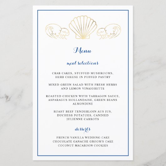 Menu Elegant Gold Seashell Waves Weduwen Reception (Voorkant)