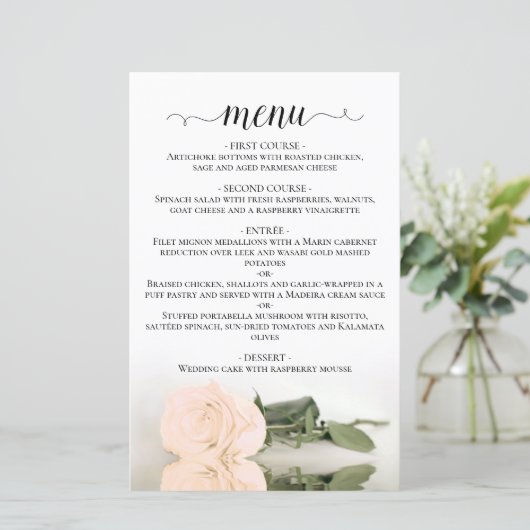 Menu Elegant Ivory Peach Roos Budget Weddenschap (Staand voorkant)