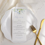 Menu Elegant Light Blue Floral Wedding<br><div class="desc">Elegant bruiloft menu's met een bovenrand van lichtblauwe waterverf bloemen en groen en het kopje "menu" in lichtblauw modern calligrafielettertype,  Bewerken met uw namen,  trouwdatum en menu. Klik "pas verder aan"om lay-out aan te passen.</div>