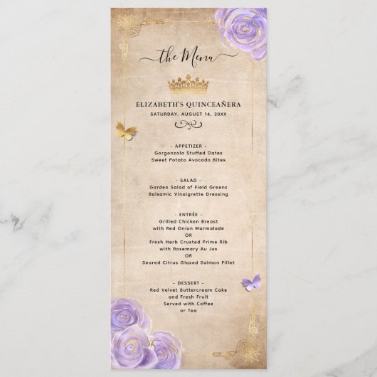Menu Elegant Light Paars and Gold Rozen (Voorkant)