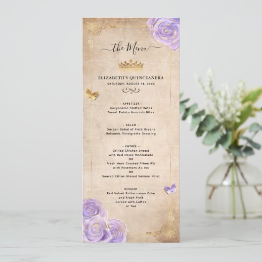 Menu Elegant Light Paars and Gold Rozen (Staand voorkant)