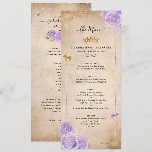 Menu Elegant Light Paars and Gold Rozen (Voorkant / Achterkant)