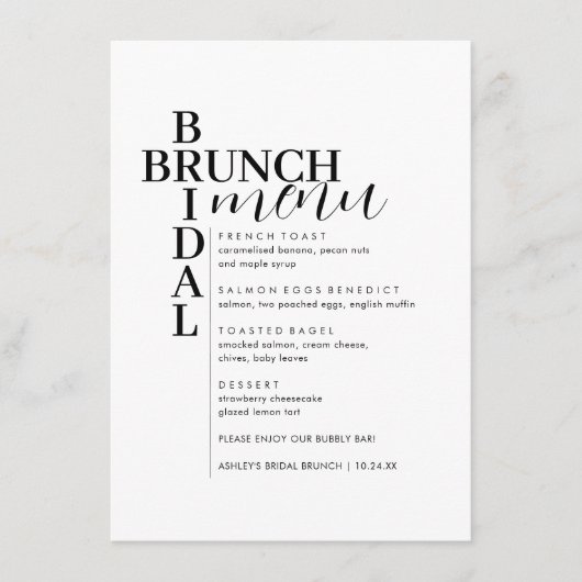 Menu Elegant Minimale tekst Bridal Brunch (Voorkant)