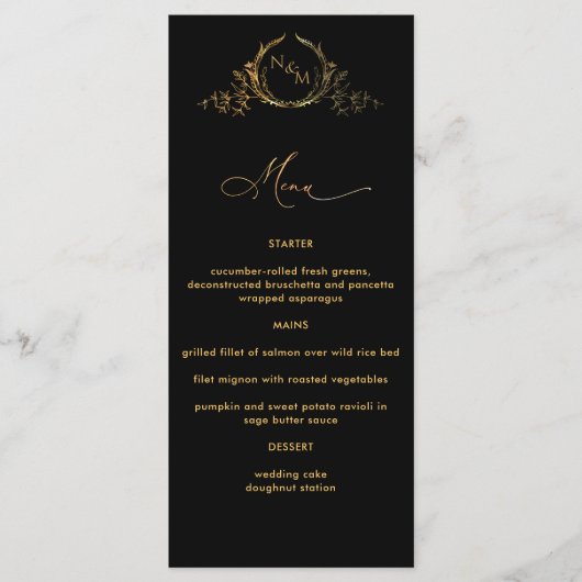 Menu Elegant Monogrammed Black and Gold Wedding (Voorkant)