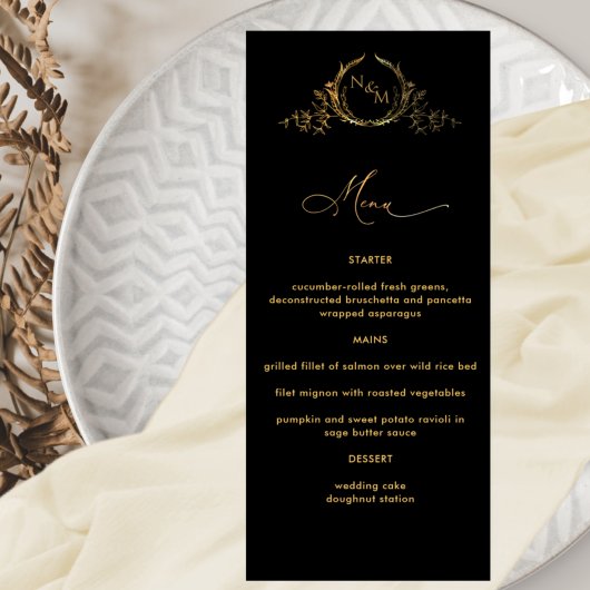 Menu Elegant Monogrammed Black and Gold Wedding
