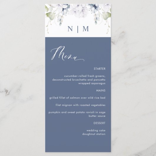Menu Elegant Navy and White Floral Wedding (Voorkant)