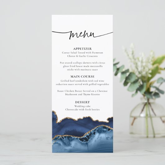 Menu Elegant Navy Blue and Gold Agate Wedding (Staand voorkant)