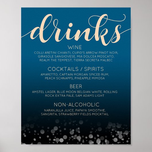 Menu Elegant Peach Oceanic Blue Wedding Drinken Ba Poster (Voorkant)