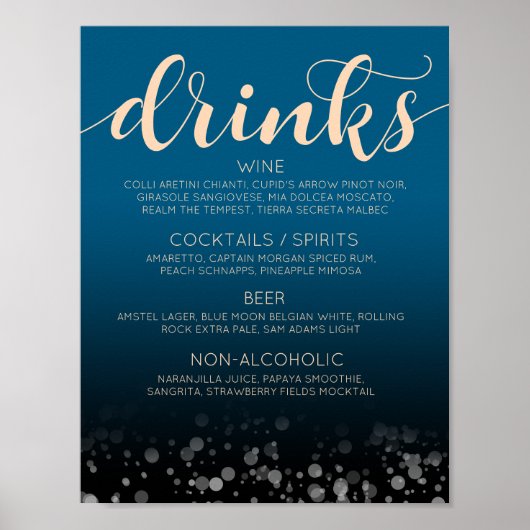 Menu Elegant Peach Oceanic Blue Wedding Drinken Ba Poster (Voorkant)