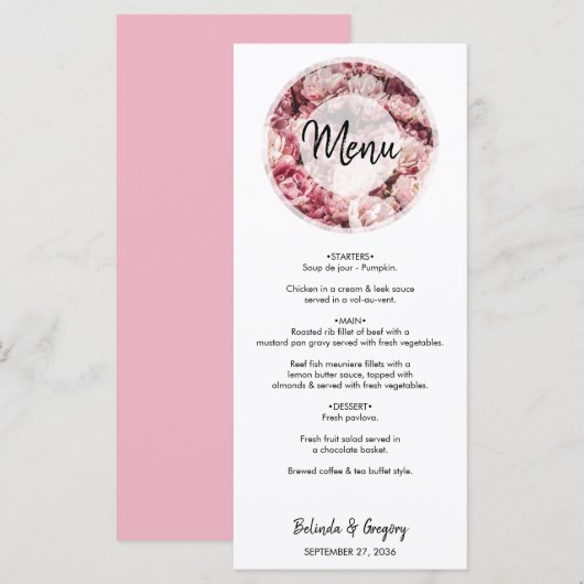 Menu Elegant Pink Peonies Wedding (Voorkant / Achterkant)
