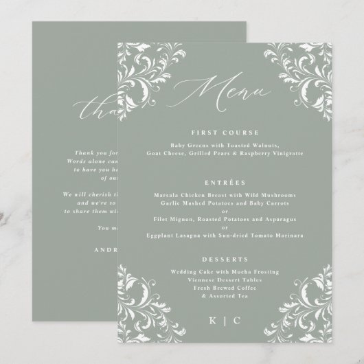 Menu Elegant Sage Green Vintage Wedding (Voorkant / Achterkant)