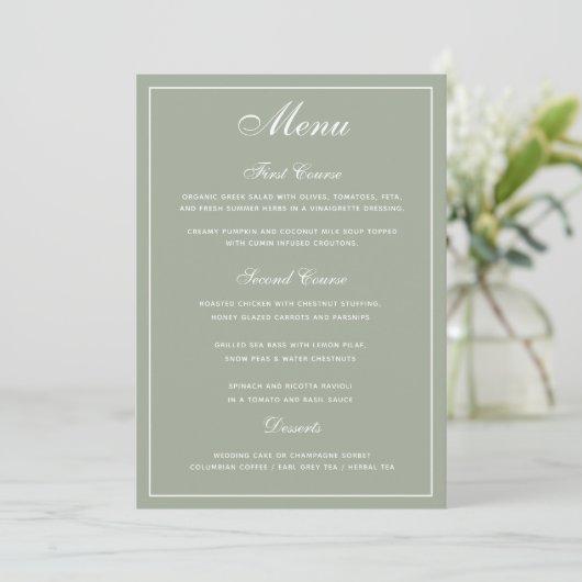 Menu Elegant Sage White Script Wedding (Staand voorkant)
