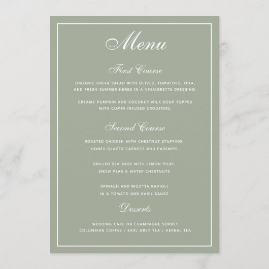 Menu Elegant Sage White Script Wedding (Voorkant)