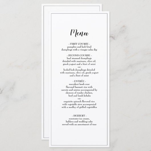 Menu Elegant Script Black Borded Weddenrennen (Voorkant / Achterkant)