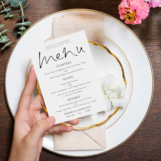 Menu Elegant Script Black White Wedding Kaart