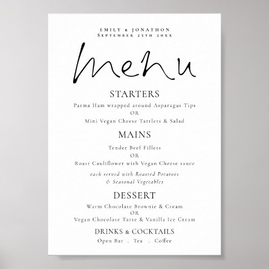 Menu Elegant Script Black White Wedding Poster (Voorkant)