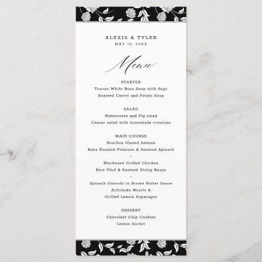Menu Elegant Script Floral Black White Wedding (Voorkant)