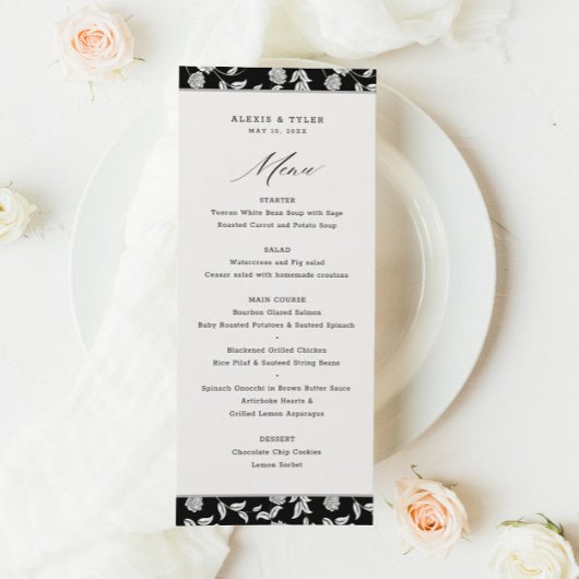 Menu Elegant Script Floral Black White Wedding
