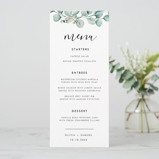 Menu Elegant Script Modern Greenery Wedding Kaart (Staand voorkant)