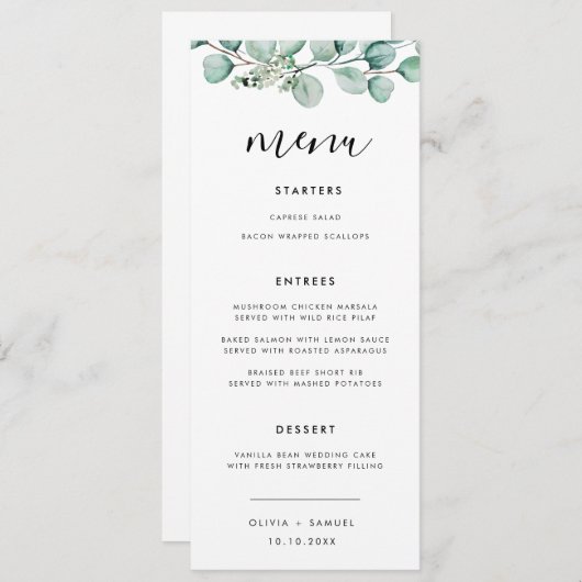 Menu Elegant Script Modern Greenery Wedding Kaart (Voorkant / Achterkant)
