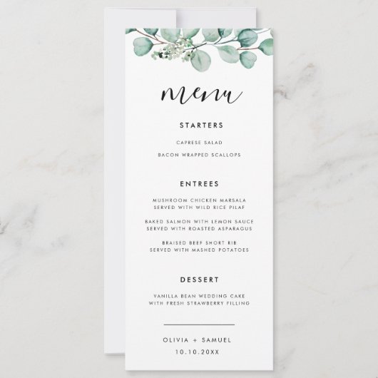 Menu Elegant Script Modern Greenery Wedding Kaart (Voorkant)