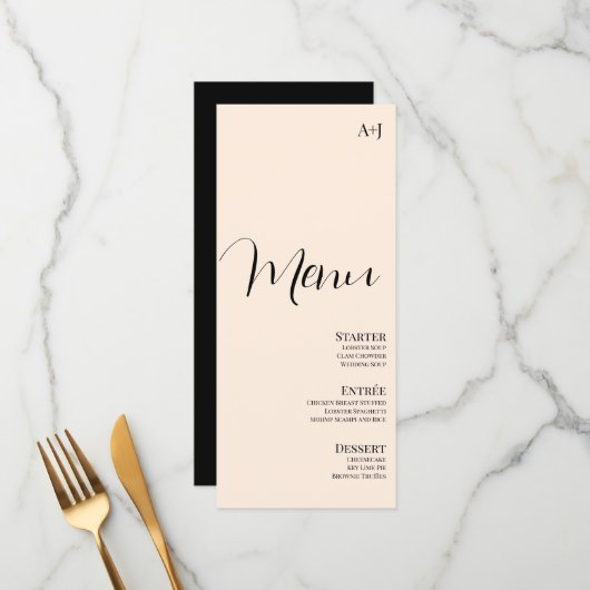Menu Elegant Script Tan Black Simple Wedding (Voorkant / Achterkant in situ)