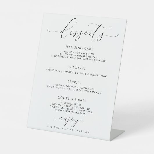 Menu Elegant Script Wedding Dessert Bar Reclamebord Met Voetstuk (Voorkant)