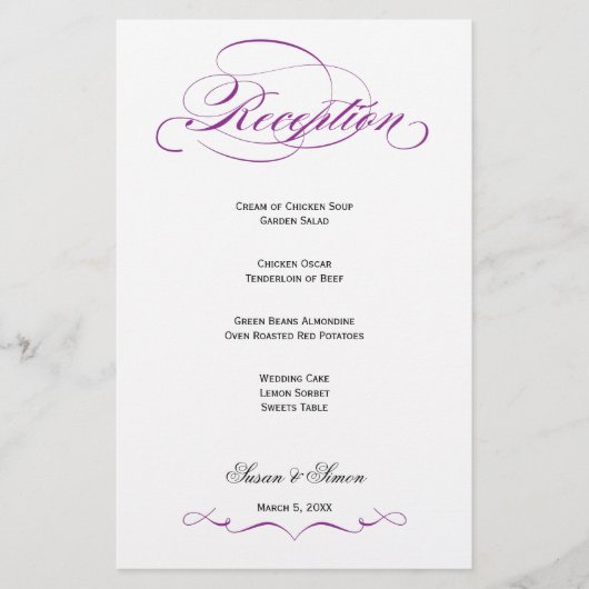 Menu Elegant Script Wedding Reception - Paars (Voorkant)