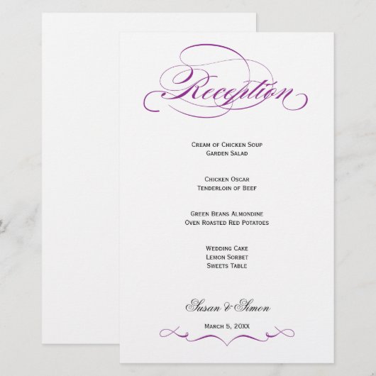 Menu Elegant Script Wedding Reception - Paars (Voorkant / Achterkant)