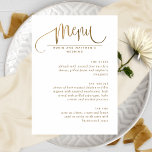 Menu Elegant Script, White en Gold Wedding<br><div class="desc">Aantrekkelijk wit en goud Menu met moderne handgeschreven kalligrafie details en gebruik van bloktypografie. Elegante, schone en eenvoudige eigentijdse look. Mogelijkheid om uw eigen menudetails toe te voegen. Indien nodig kunt u de tekstruimte, -grootte of -stijl aanpassen door verder aanpassen te selecteren. Terug met stijlvolle strakke strepen, menu in handgeschreven...</div>