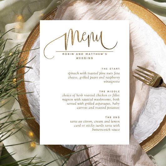 Menu Elegant Script, White en Gold Wedding