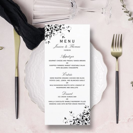 Menu Elegant Swirls Black & White Wedding