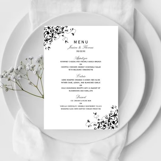Menu Elegant Swirls Black & White Wedding
