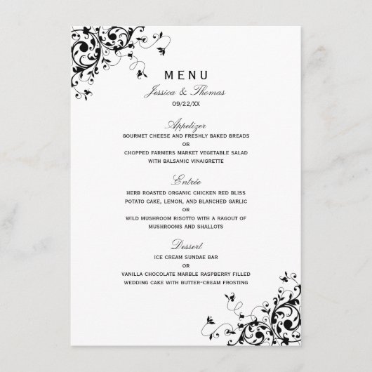 Menu Elegant Swirls Black & White Wedding (Voorkant)