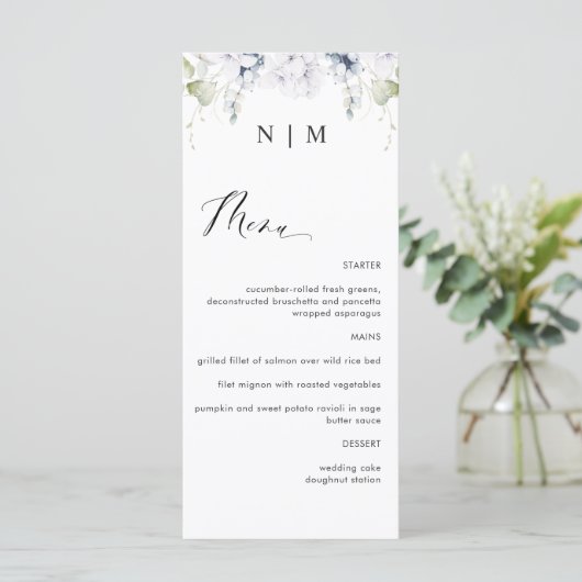 Menu Elegant White en Blue Floral Wedding (Staand voorkant)