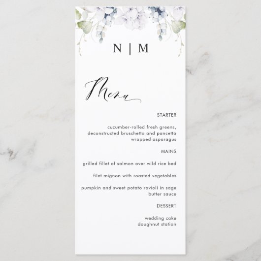 Menu Elegant White en Blue Floral Wedding (Voorkant)