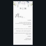 Menu Elegant White en Blue Floral Wedding<br><div class="desc">Elegant monogrammed trouwmenu met voortreffelijke waterverf groen en wit en blauw bloemdetail bovenop de initialen van een paar. De capaciteit om uw eigen menu toe te voegen door tekstvakjes te gebruiken verstrekt en indien nodig, maakt tekstpositie, grootte, stijl en kleurenaanpassingen door "verder aan te passen" te selecteren. Hetzelfde ontwerp is...</div>