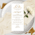 Menu Elegant White en Gold Monogram Wedding<br><div class="desc">Elegant bruiloft-menukaart met delicaat handgetekend monogram met initialen van paren. Mogelijkheid om uw eigen naam (namen), datum, menubeschrijving op de voorzijde en monogram initialen toe te voegen. Handgeschreven kalligrafie in faux golden folie. Ontwerp in witte achtergrond en gouden kleurtoon monogram en tekst. Terug in wit. Mogelijkheid om de achtergrondkleur voor...</div>