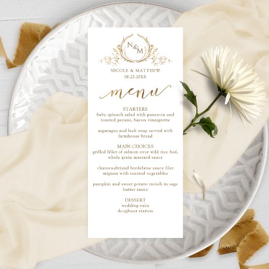Menu Elegant White en Gold Monogram Wedding